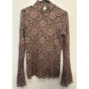 Cami Metallic Lace Mock Neck Top Made in USA Brown Long Bell Sleeve Stretch L